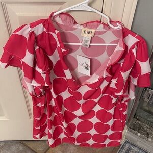 BiBi Pink and White Polka Ruffle Short Sleeve Blouse